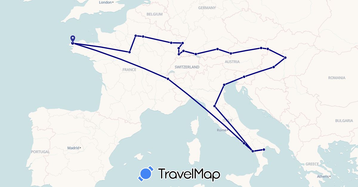 TravelMap itinerary: driving in Austria, Germany, France, Hungary, Italy, Slovenia, Slovakia (Europe)